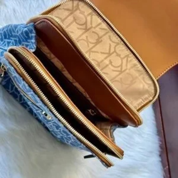 Calvin Klein Elaine Monogram Logo Denim & Brown Faux Leather Mini Backpack - Picture 13 of 14